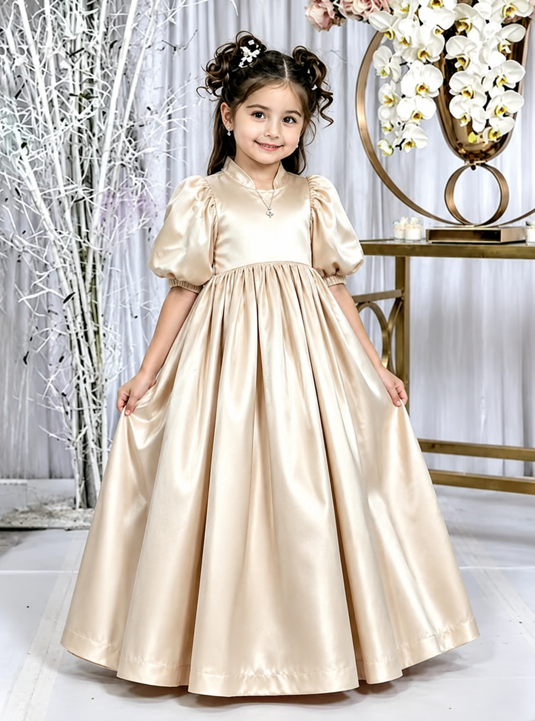 TinyTulle Elegant Champagne Satin Puff Sleeve Flower Girl Dress for Special Occasions