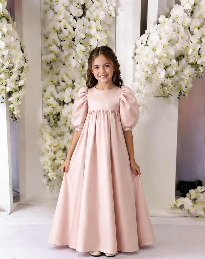 TinyTulle Elegant Pink Satin High-Waisted Puff Sleeve Flower Girl Dress with Bow Detail