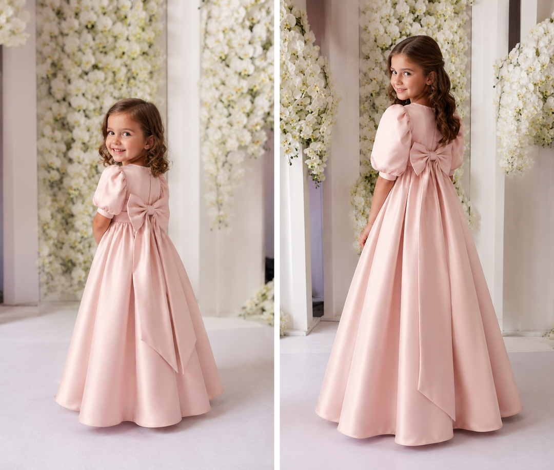TinyTulle Elegant Pink Satin High-Waisted Puff Sleeve Flower Girl Dress with Bow Detail