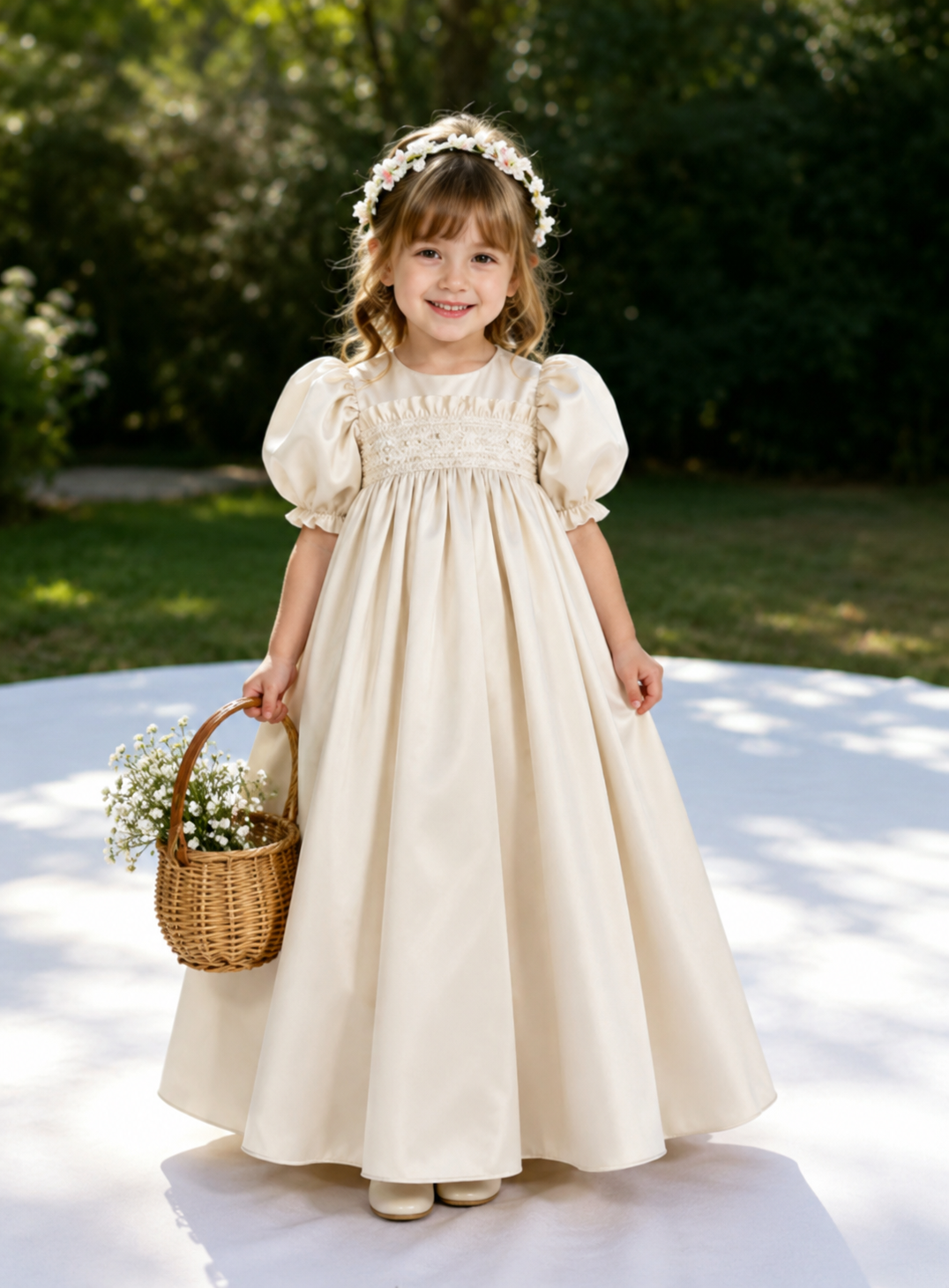 TinyTulle Elegant Ivory Satin Puff Sleeve Flower Girl Dress with Bow Detail