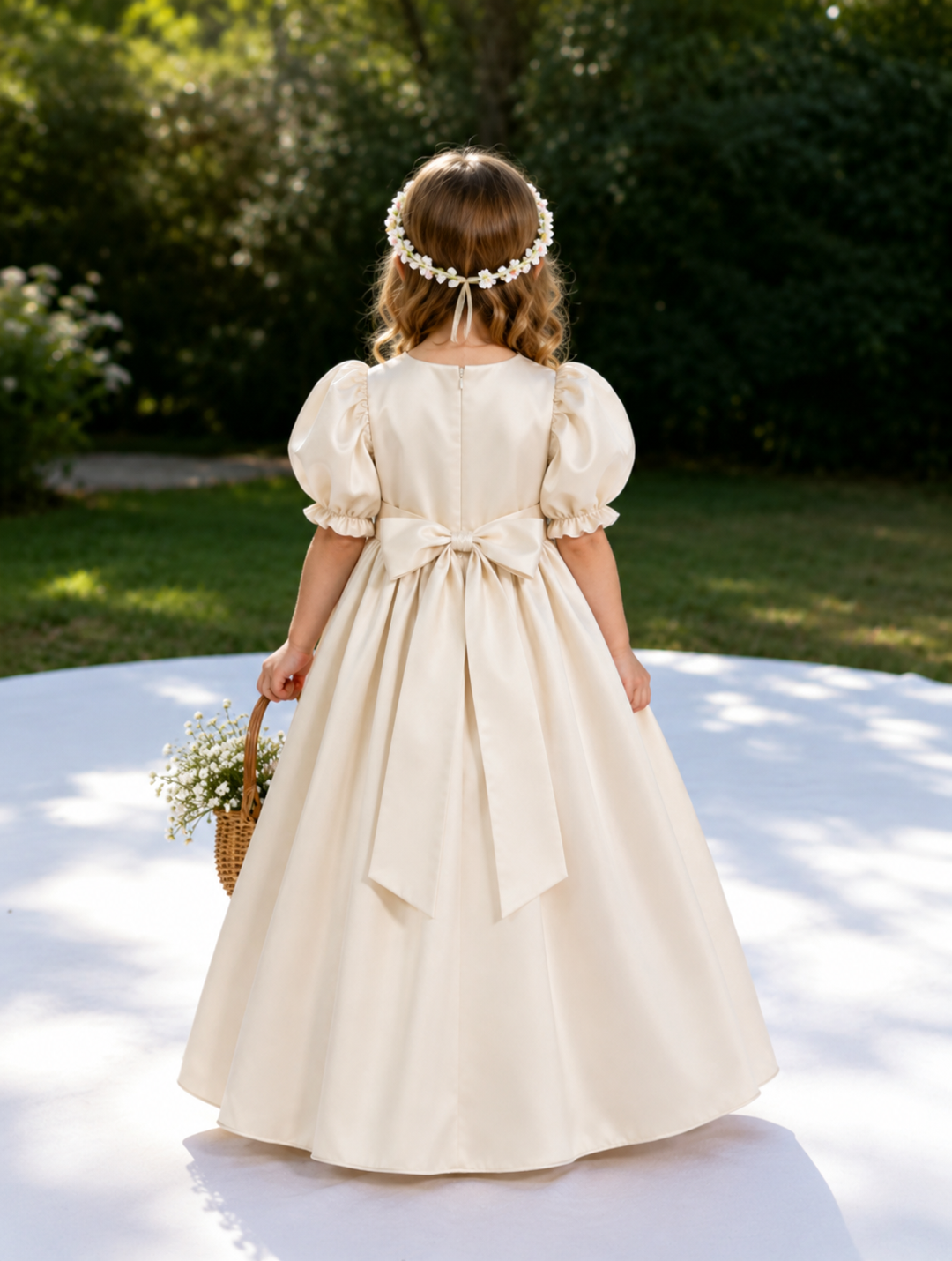 TinyTulle Elegant Ivory Satin Puff Sleeve Flower Girl Dress with Bow Detail