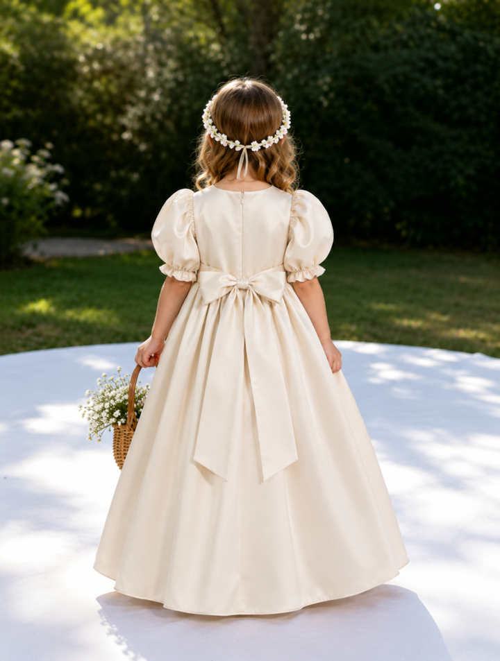 TinyTulle Elegant Ivory Satin Puff Sleeve Flower Girl Dress with Bow Detail