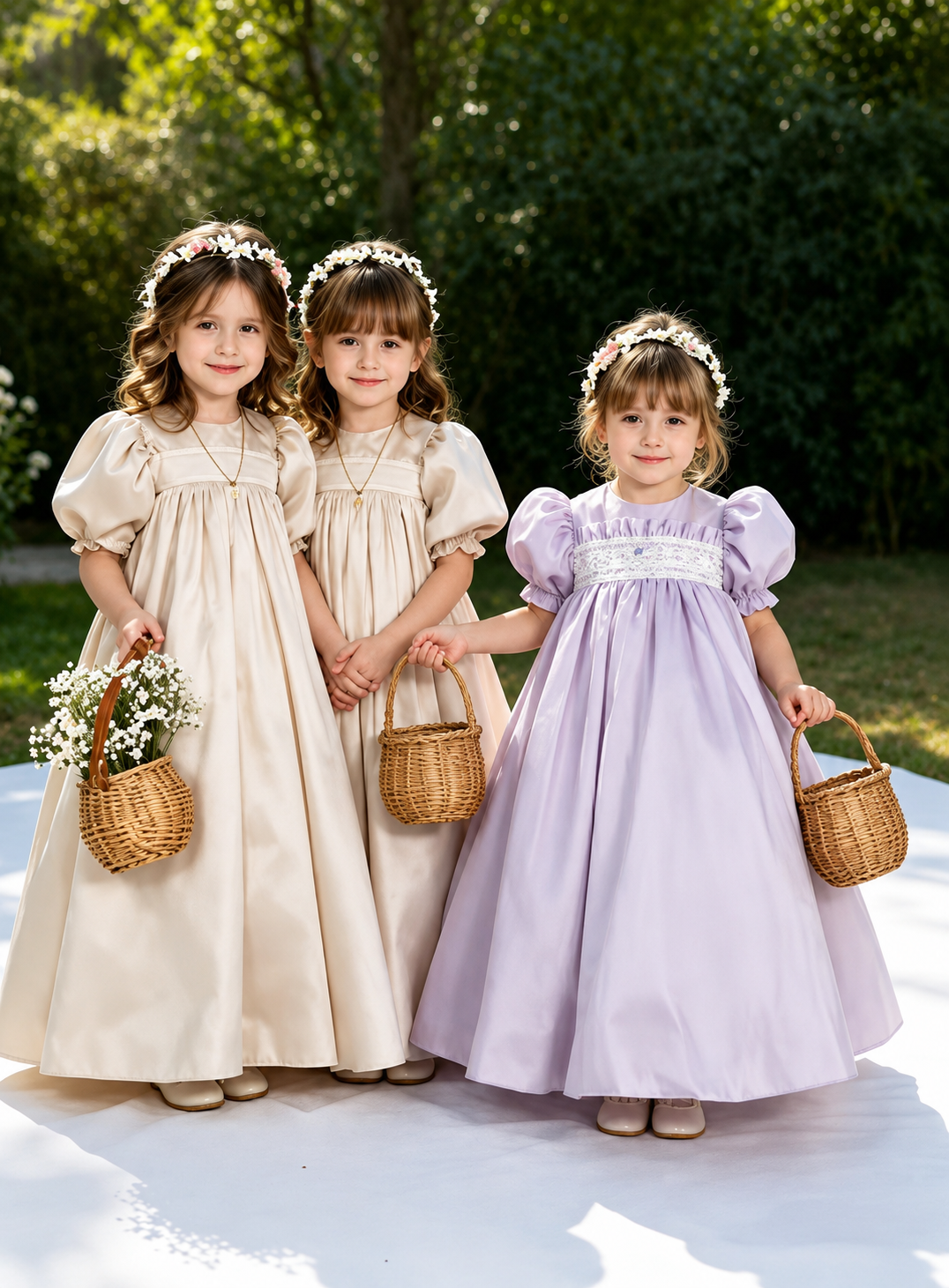 TinyTulle Elegant Ivory Satin Puff Sleeve Flower Girl Dress with Bow Detail