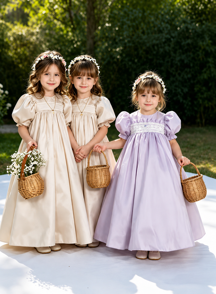 TinyTulle Elegant Ivory Satin Puff Sleeve Flower Girl Dress with Bow Detail