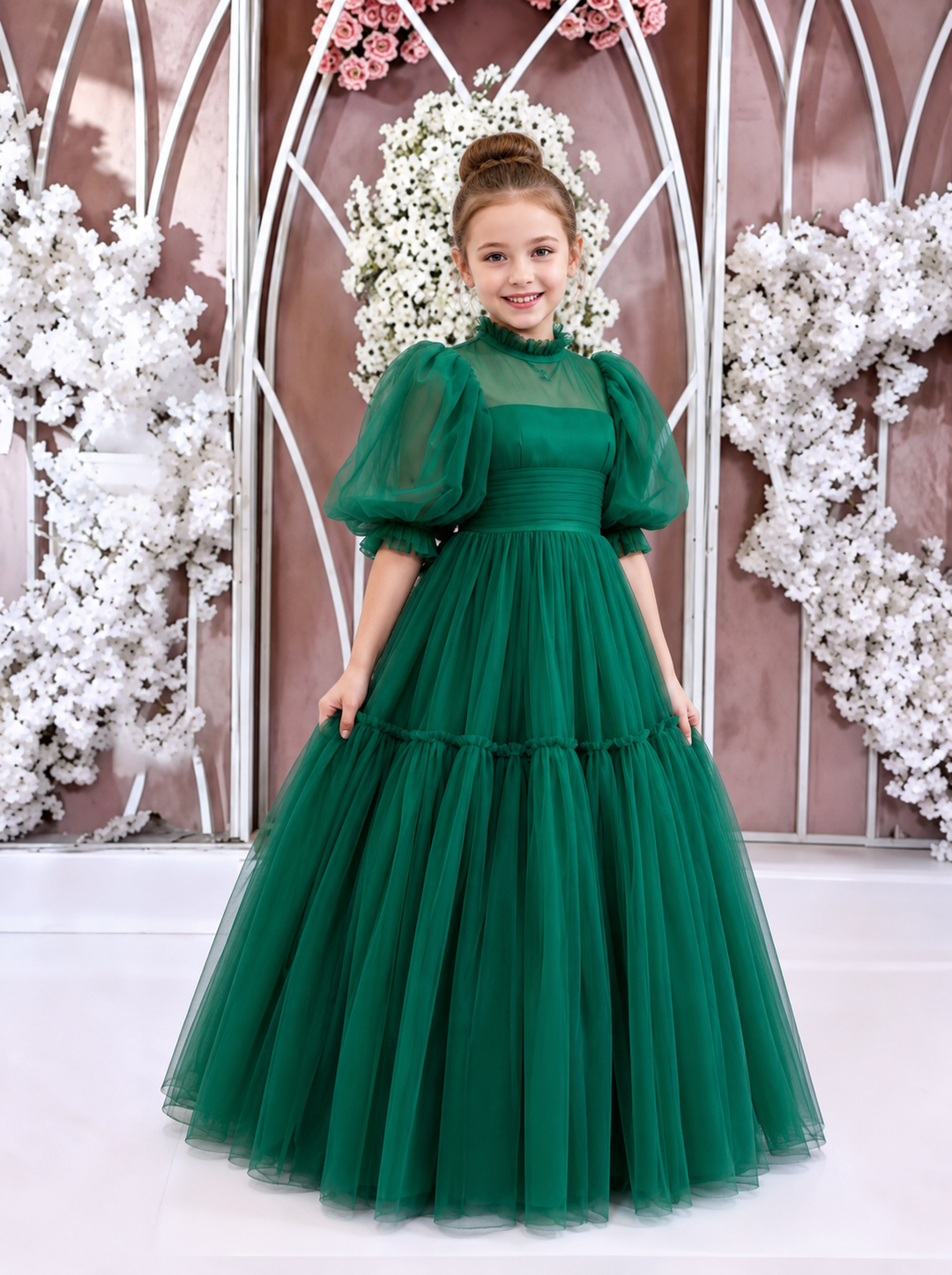 TinyTulle Elegant Emerald Green Tulle High Neck Puff Sleeve Tiered Flower Girl Dress