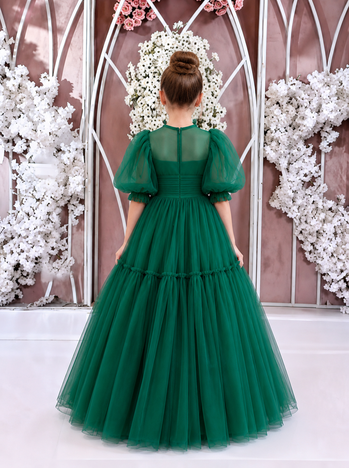 TinyTulle Elegant Emerald Green Tulle High Neck Puff Sleeve Tiered Flower Girl Dress