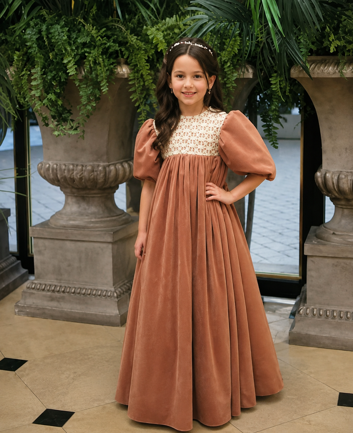 TinyTulle Vintage Dusty Orange Velvet Lace Puff Sleeve Flower Girl Dress