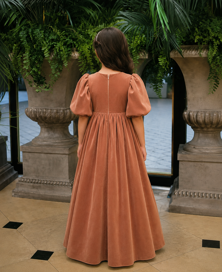 TinyTulle Vintage Dusty Orange Velvet Lace Puff Sleeve Flower Girl Dress