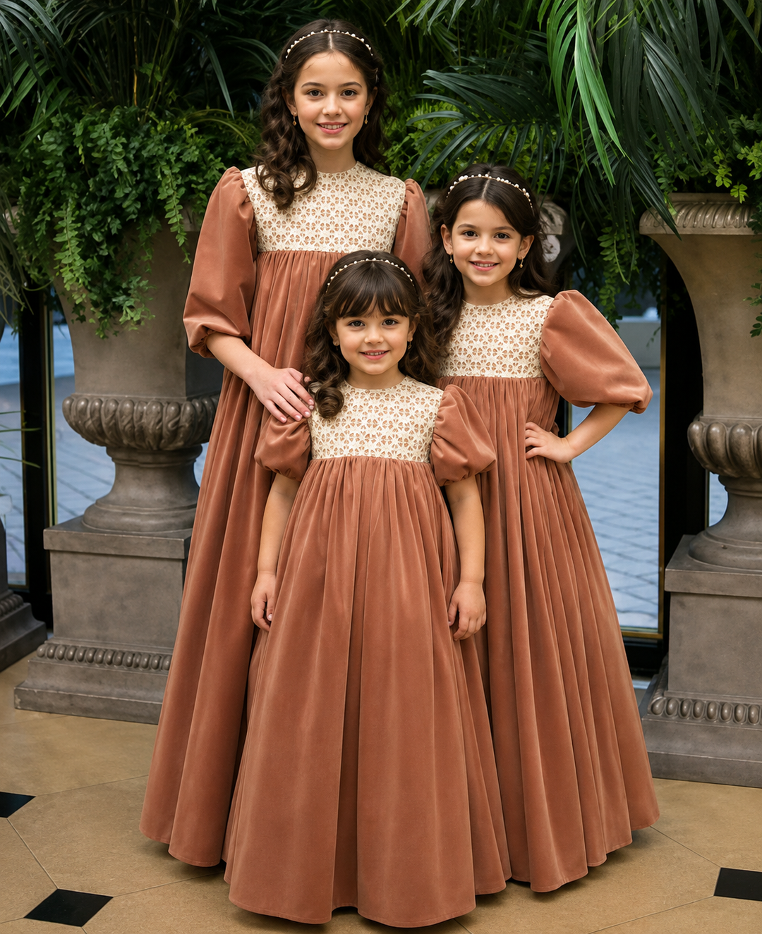 TinyTulle Vintage Dusty Orange Velvet Lace Puff Sleeve Flower Girl Dress