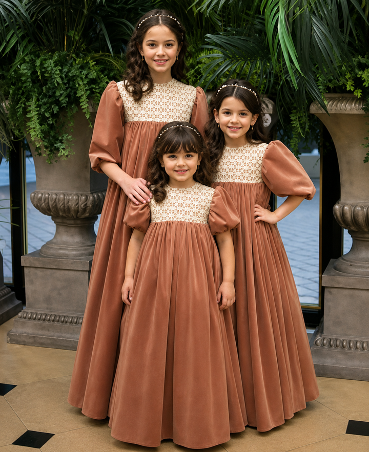 TinyTulle Vintage Dusty Orange Velvet Lace Puff Sleeve Flower Girl Dress