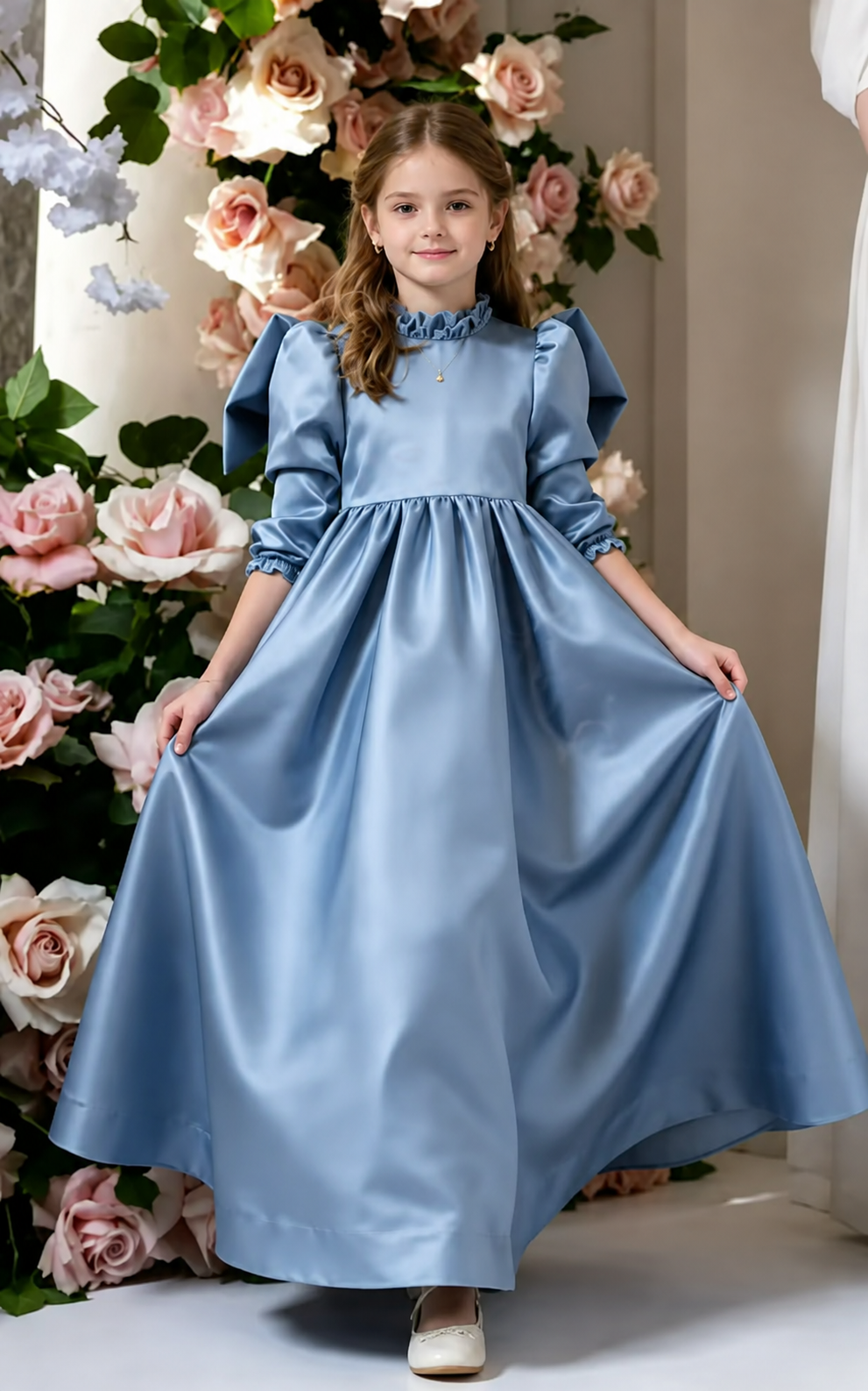 TinyTulle Elegant Dusty Blue Satin Puff Sleeve Flower Girl Dress with Big Bow