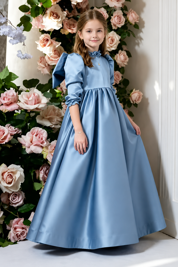 TinyTulle Elegant Dusty Blue Satin Puff Sleeve Flower Girl Dress with Big Bow