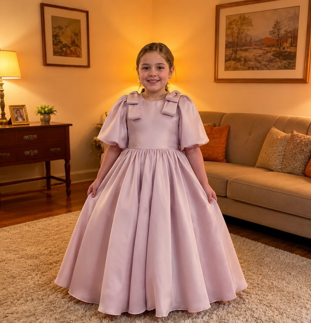TinyTulle Elegant Dusty Pink Satin Puff Sleeve Flower Girl Dress with Bow Details