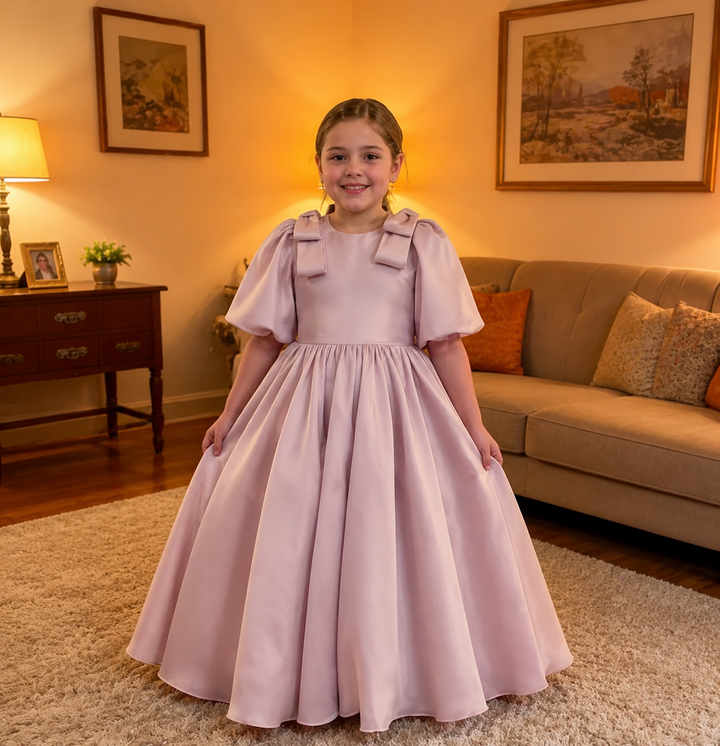 TinyTulle Elegant Dusty Pink Satin Puff Sleeve Flower Girl Dress with Bow Details