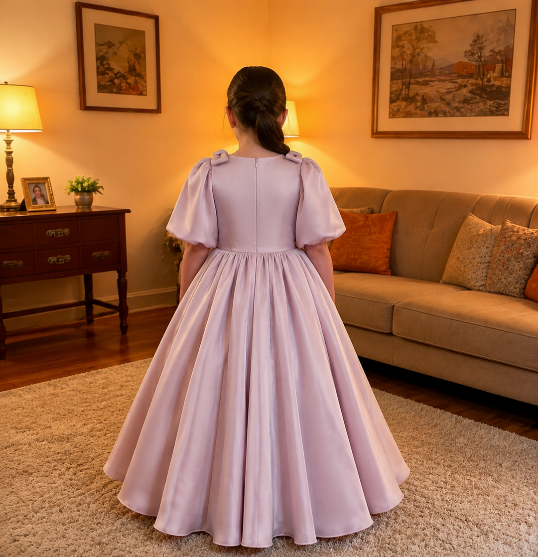 TinyTulle Elegant Dusty Pink Satin Puff Sleeve Flower Girl Dress with Bow Details