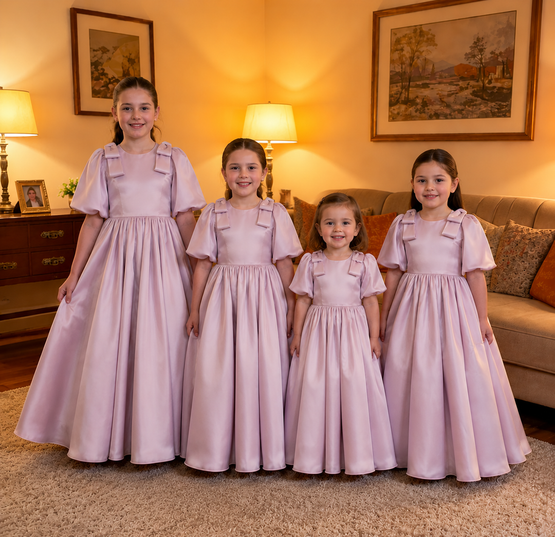 TinyTulle Elegant Dusty Pink Satin Puff Sleeve Flower Girl Dress with Bow Details