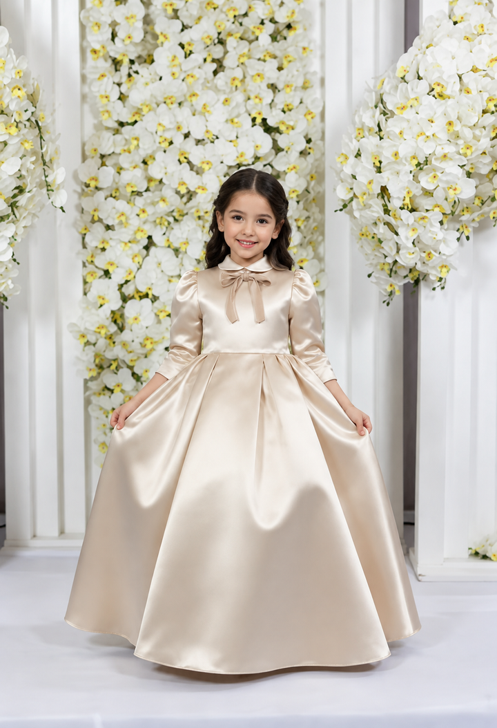 TinyTulle Elegant Champagne Satin Princess Flower Girl Dress with Bow Back