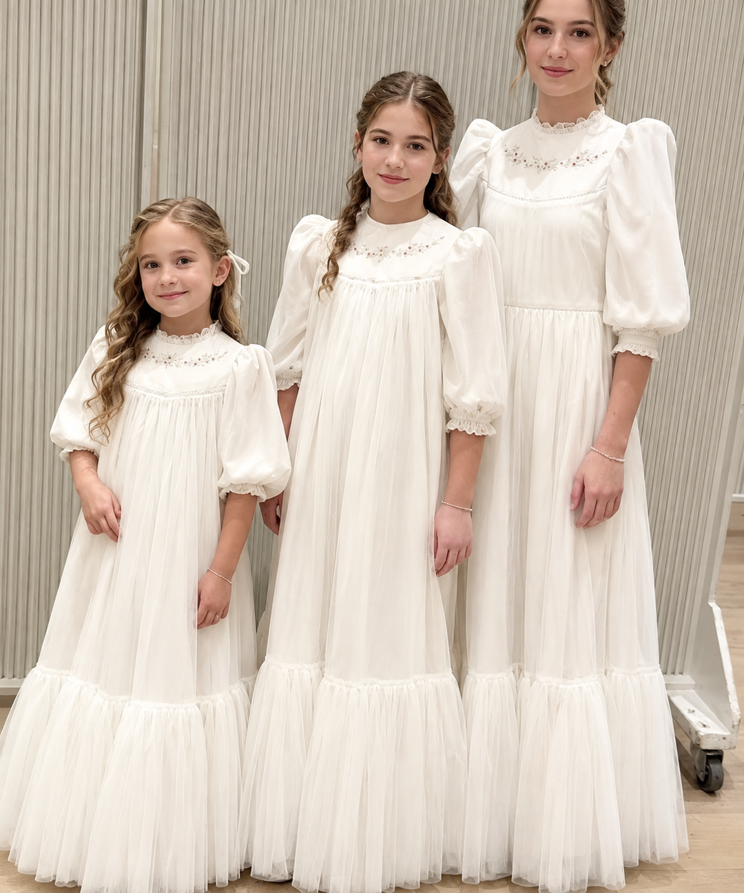 TinyTulle Elegant Ivory High Neck Puff Sleeve Tiered Tulle Flower Girl Dress