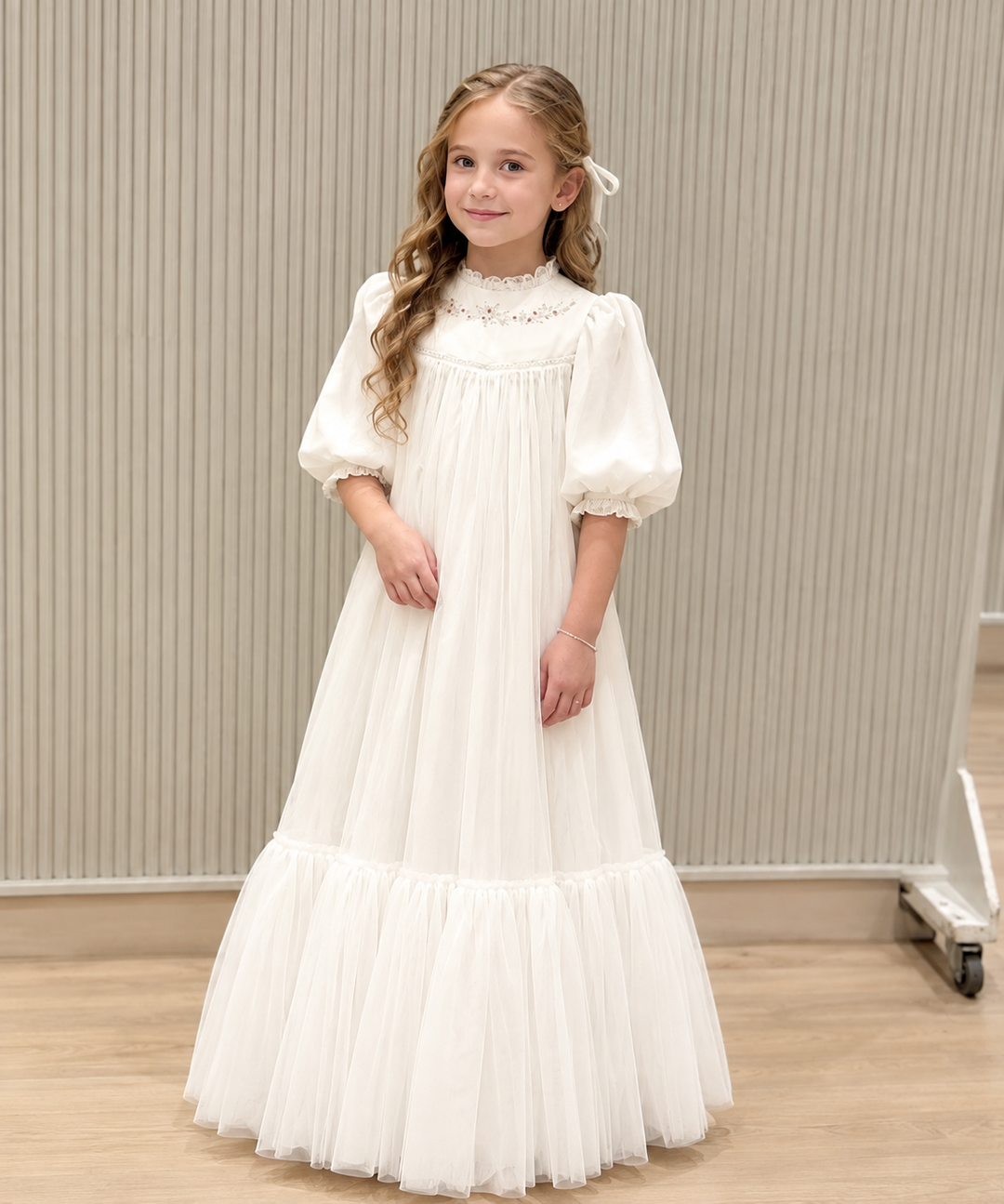 TinyTulle Elegant Ivory High Neck Puff Sleeve Tiered Tulle Flower Girl Dress