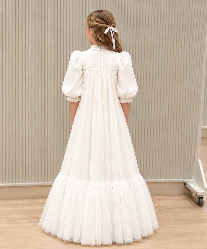 TinyTulle Elegant Ivory High Neck Puff Sleeve Tiered Tulle Flower Girl Dress