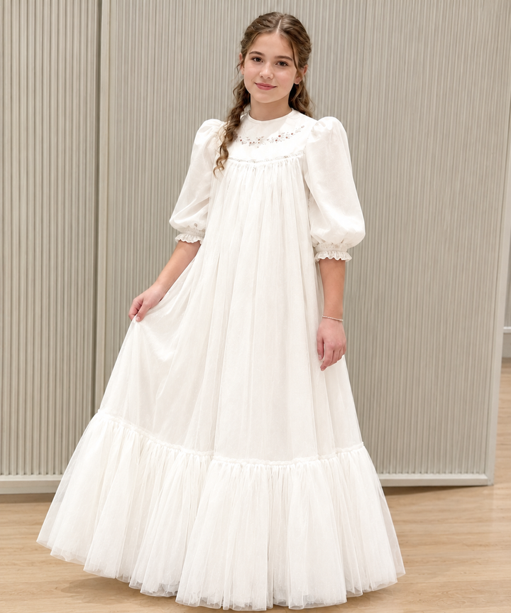TinyTulle Elegant Ivory Long Sleeve Ruffle Flower Girl Dress with Floral Detail