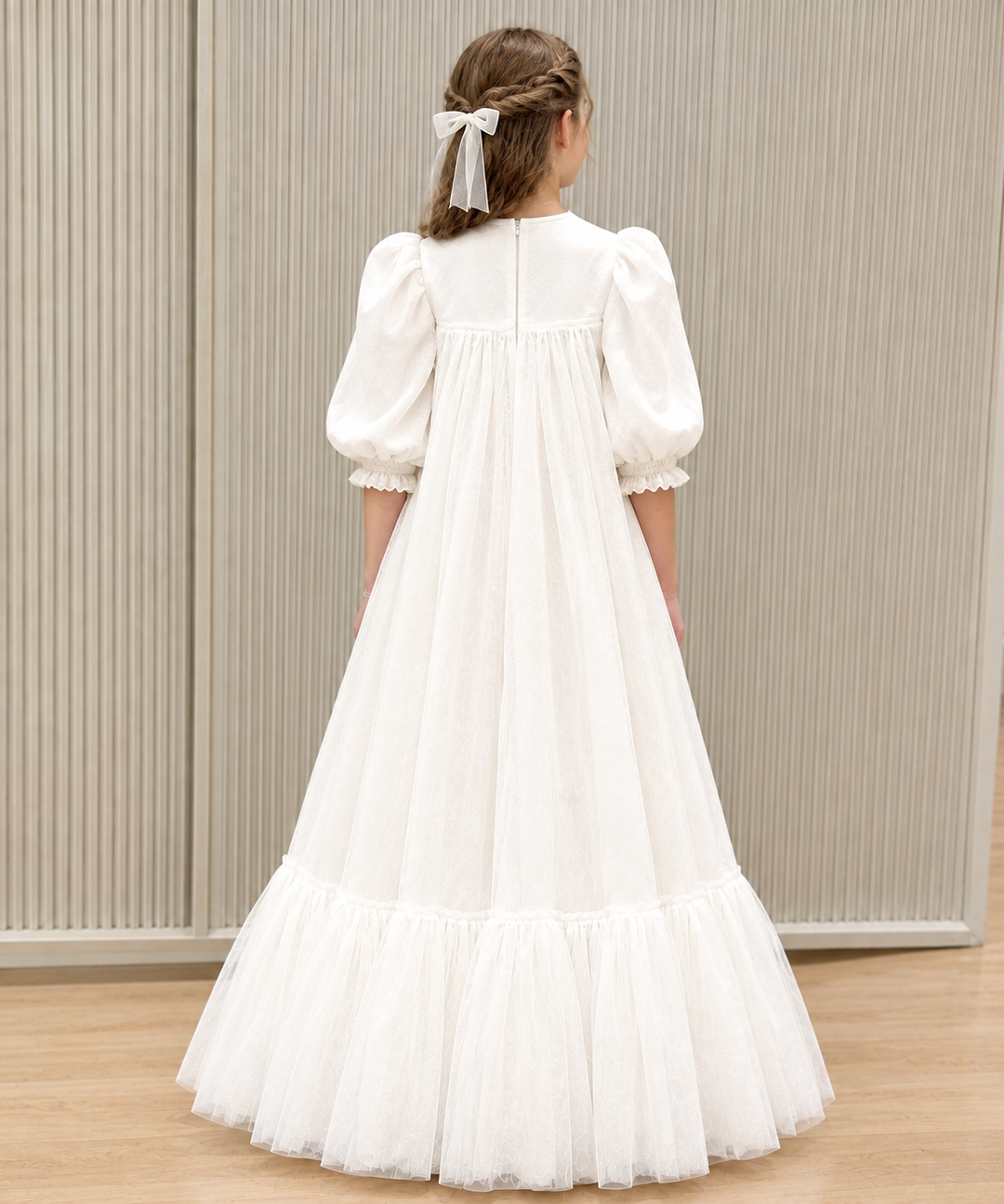TinyTulle Elegant Ivory Long Sleeve Ruffle Flower Girl Dress with Floral Detail