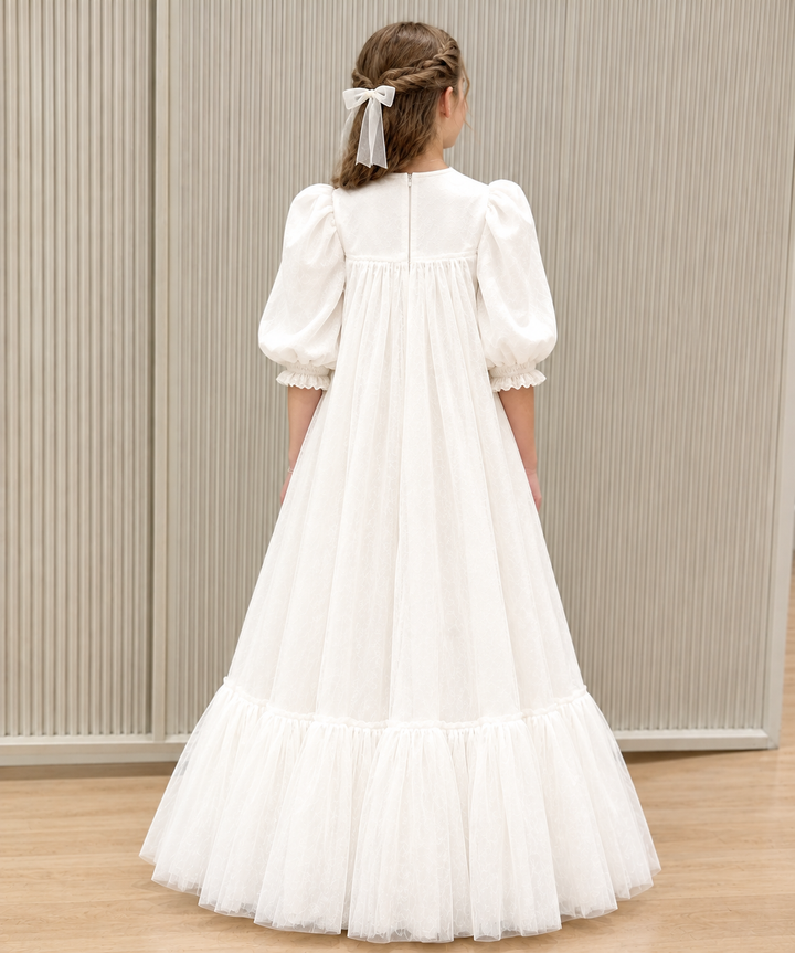 TinyTulle Elegant Ivory Long Sleeve Ruffle Flower Girl Dress with Floral Detail