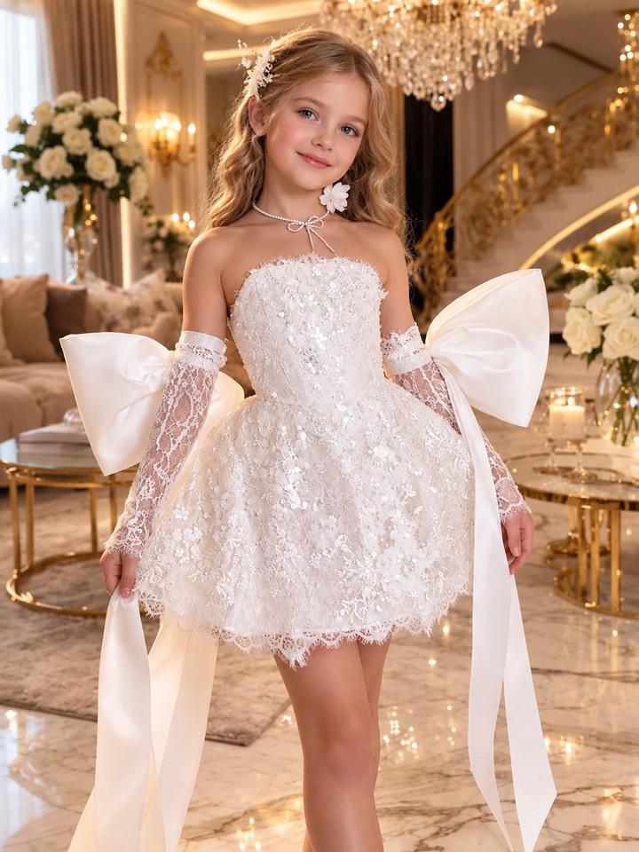 TinyTulle Elegant white Lace Flower Girl Dress with Oversized Bow