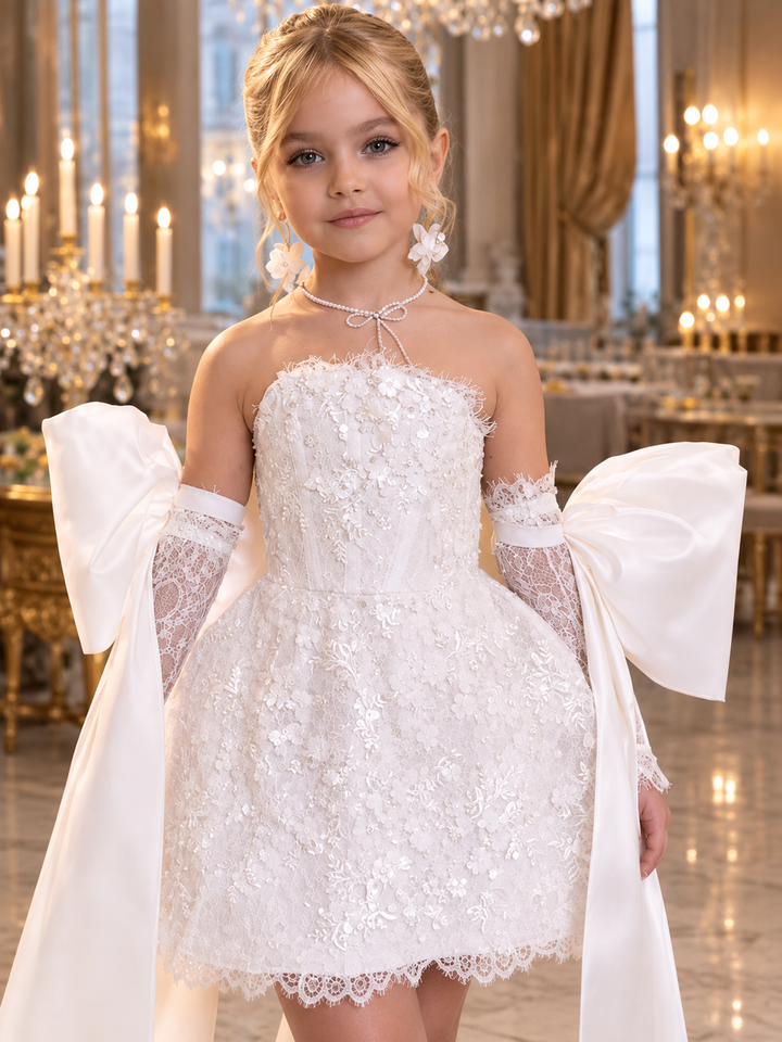 TinyTulle Elegant white Lace Flower Girl Dress with Oversized Bow