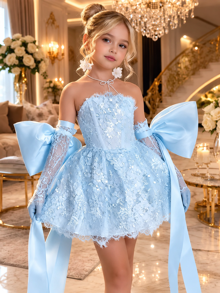 TinyTulle Elegant white Lace Flower Girl Dress with Oversized Bow