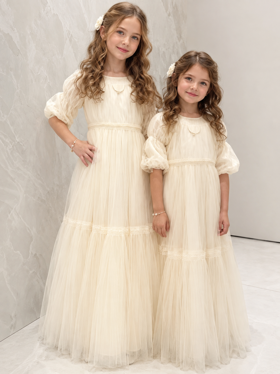 TinyTulle Ivory Tiered Tulle Flower Girl Dress with Puff Sleeves