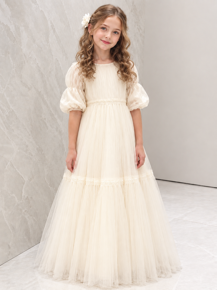 TinyTulle Ivory Tiered Tulle Flower Girl Dress with Puff Sleeves