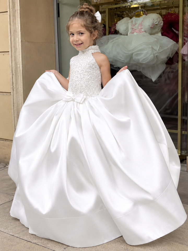 TinyTulle Elegant White Satin Flower Girl Ball Gown with Oversized Bow