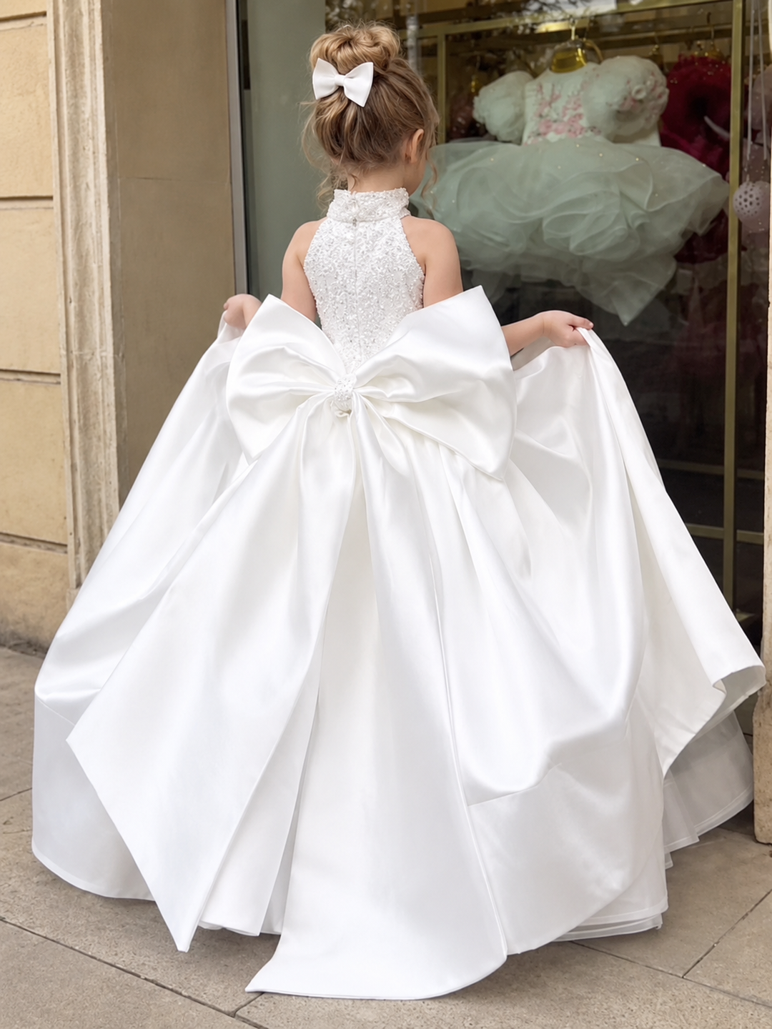 TinyTulle Elegant White Satin Flower Girl Ball Gown with Oversized Bow