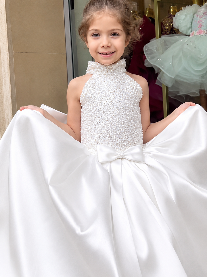 TinyTulle Elegant White Satin Flower Girl Ball Gown with Oversized Bow