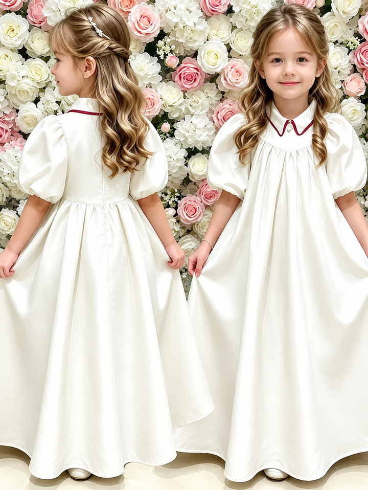 TinyTulle Elegant Ivory Puff Sleeve Flower Girl Dress with Burgundy Trim