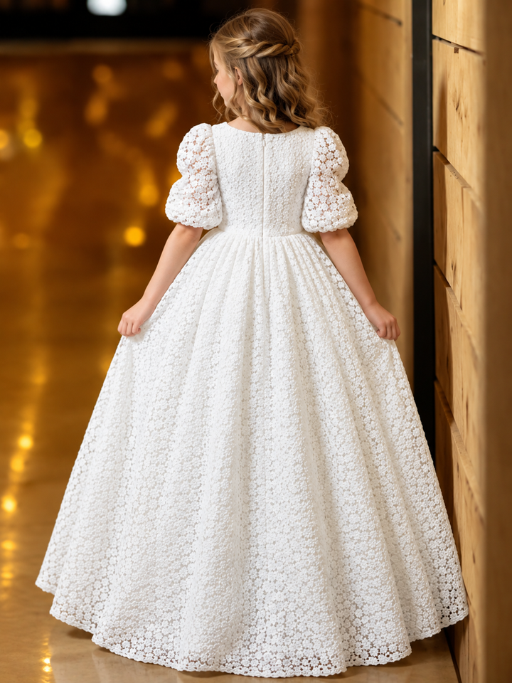 TinyTulle Elegant White Floral Lace Puff Sleeve Flower Girl Dress