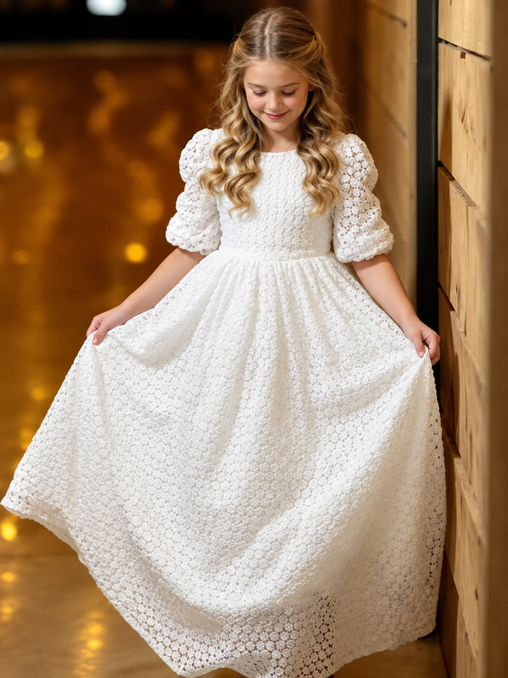 TinyTulle Elegant White Floral Lace Puff Sleeve Flower Girl Dress