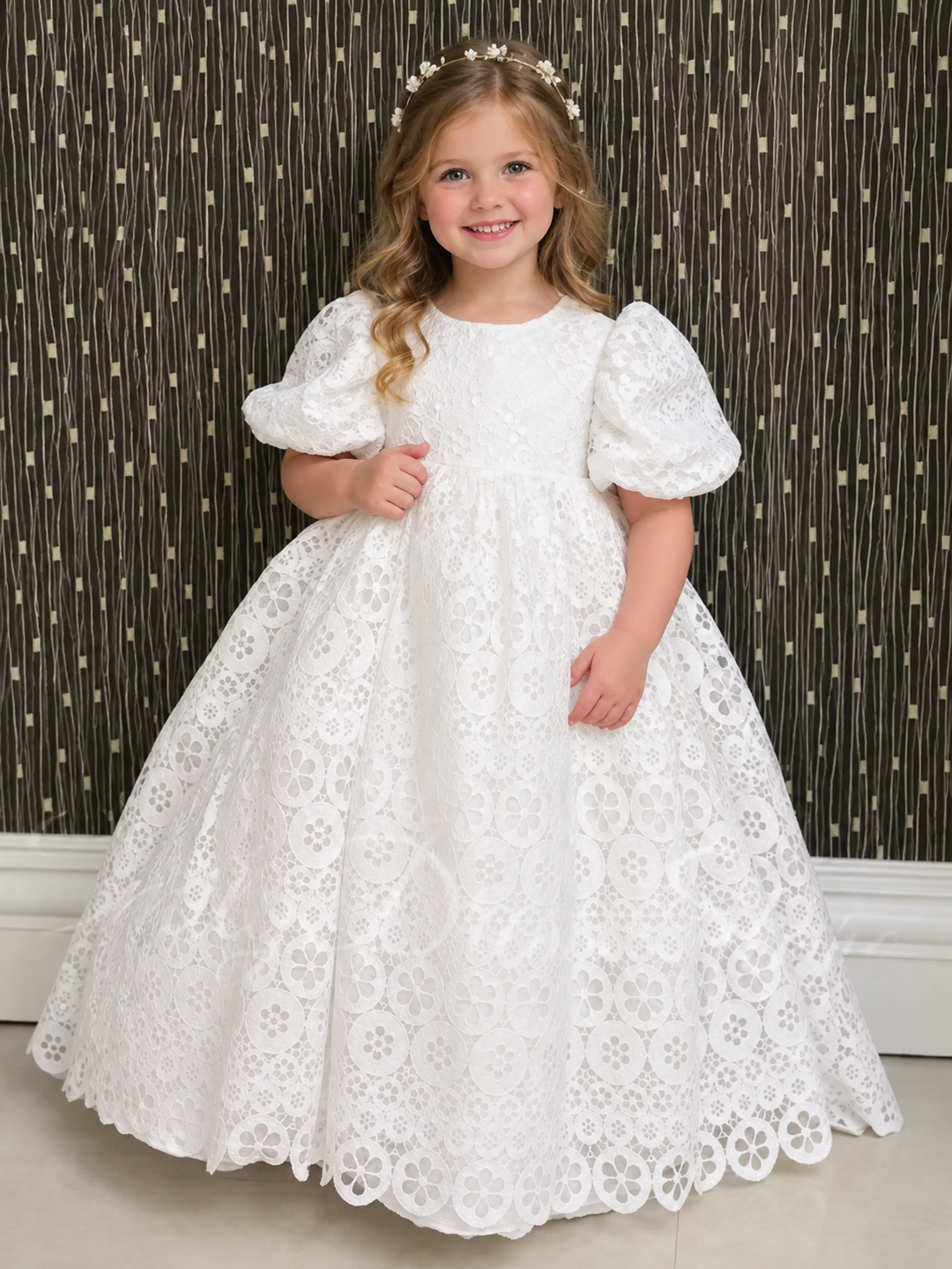 TinyTulle Elegant White Floral Lace Puff Sleeve Flower Girl Dress with Scalloped Hem