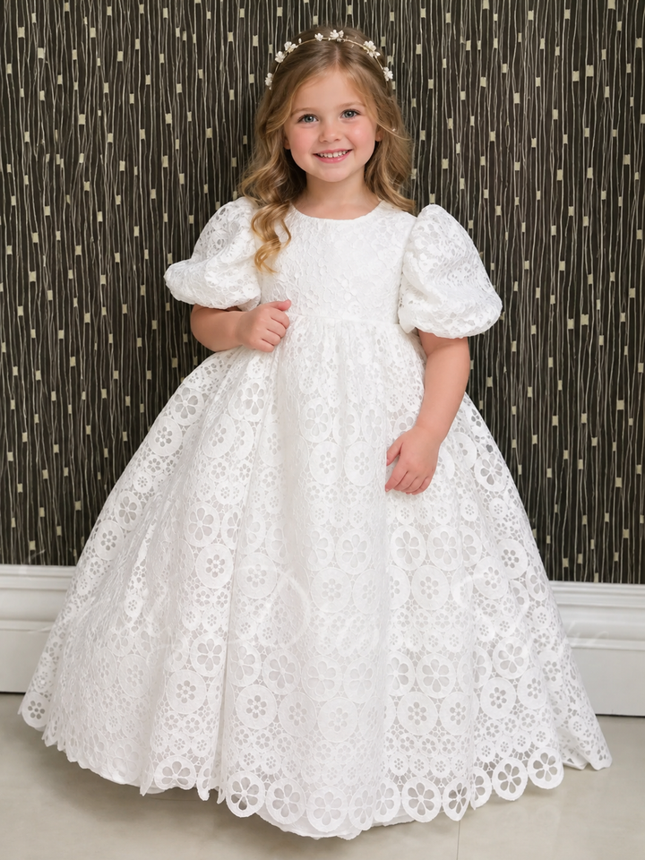 TinyTulle Elegant White Floral Lace Puff Sleeve Flower Girl Dress with Scalloped Hem