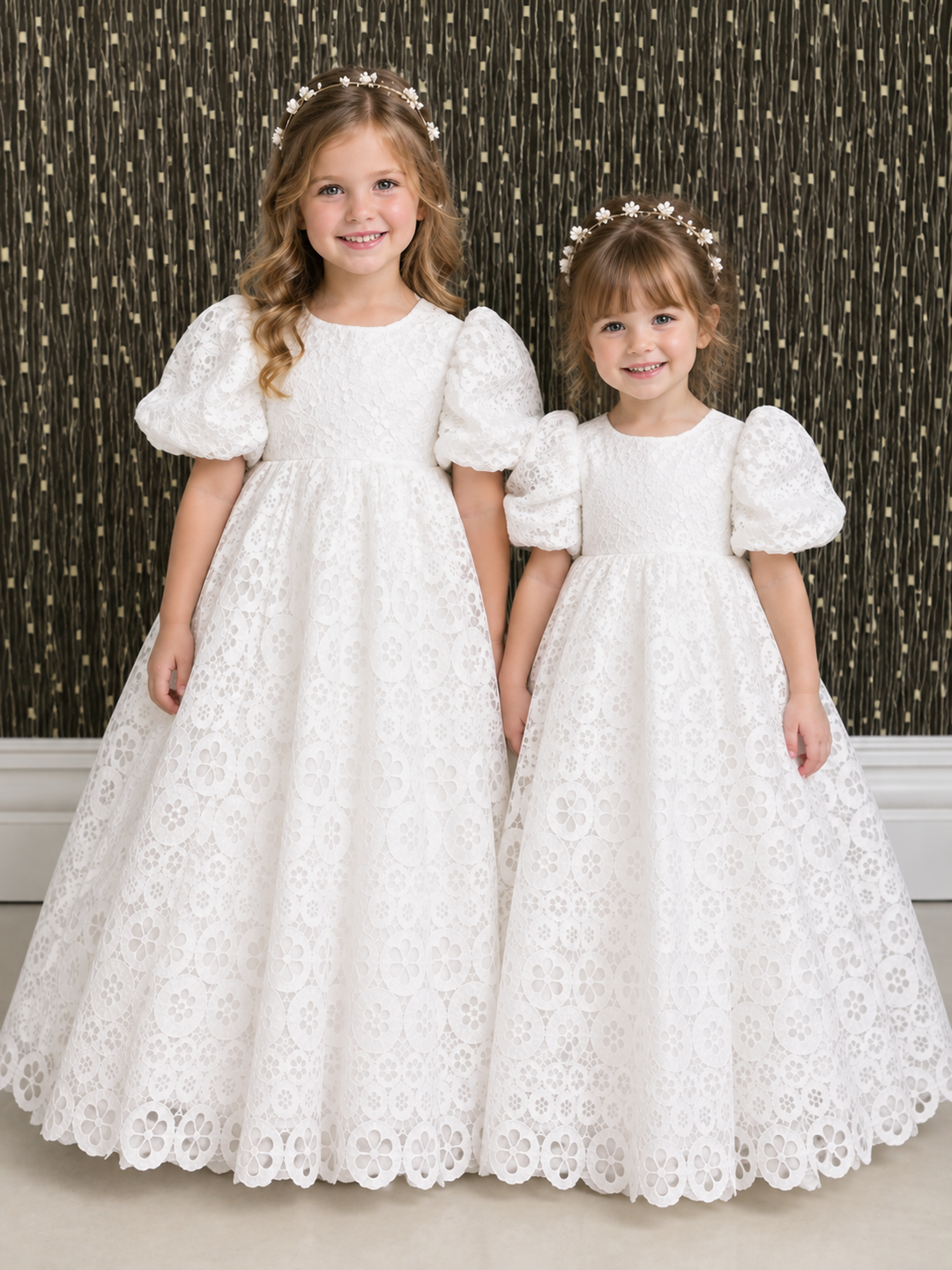 TinyTulle Elegant White Floral Lace Puff Sleeve Flower Girl Dress with Scalloped Hem