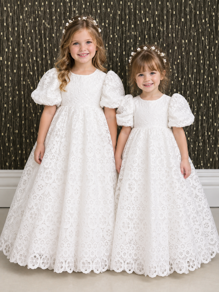 TinyTulle Elegant White Floral Lace Puff Sleeve Flower Girl Dress with Scalloped Hem