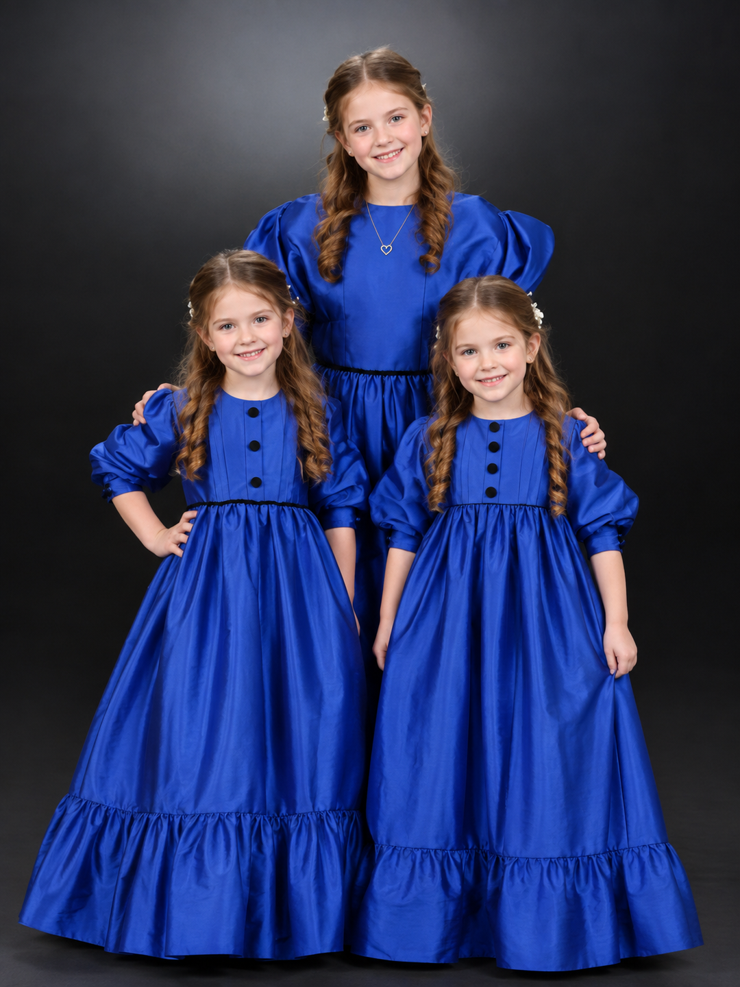 TinyTulle Royal Blue Satin Puff Sleeve Flower Girl Dress with Ruffled Hem &amp; Button Back
