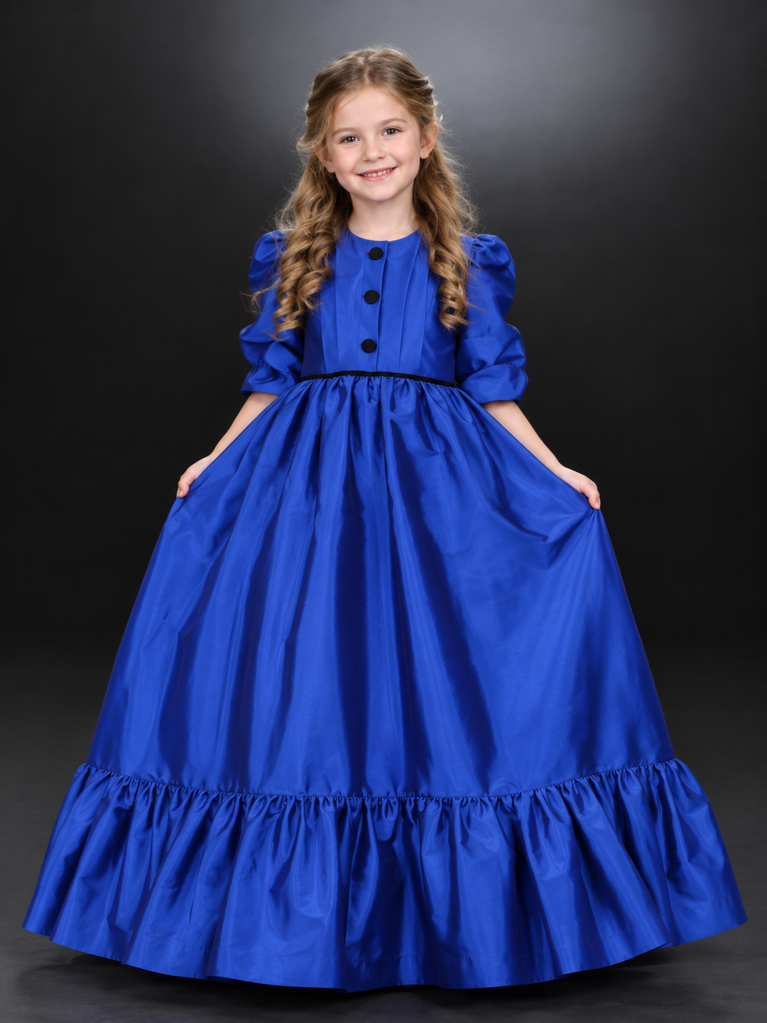 TinyTulle Royal Blue Satin Puff Sleeve Flower Girl Dress with Ruffled Hem &amp; Button Back