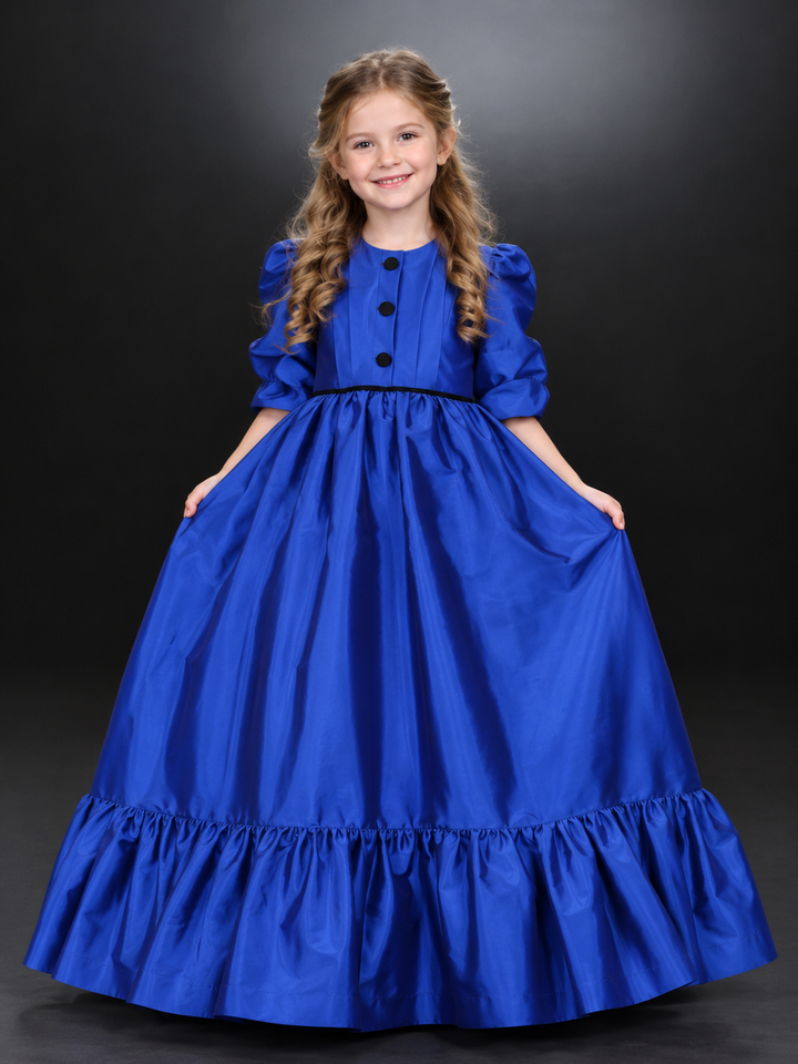 TinyTulle Royal Blue Satin Puff Sleeve Flower Girl Dress with Ruffled Hem &amp; Button Back