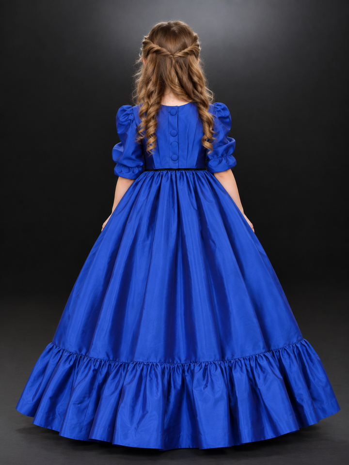 TinyTulle Royal Blue Satin Puff Sleeve Flower Girl Dress with Ruffled Hem &amp; Button Back