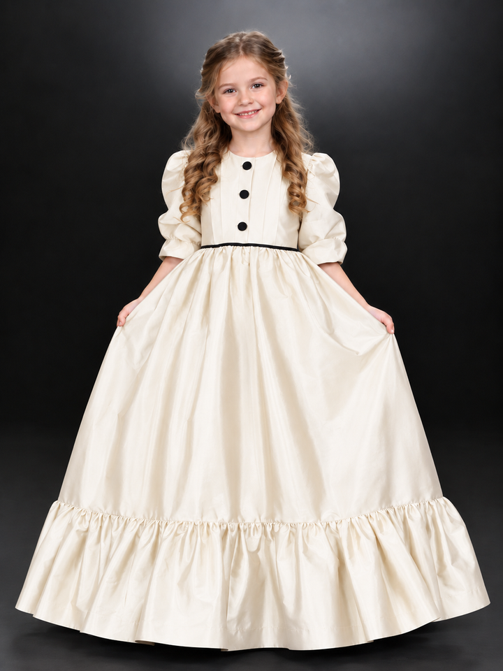 TinyTulle Royal Blue Satin Puff Sleeve Flower Girl Dress with Ruffled Hem &amp; Button Back