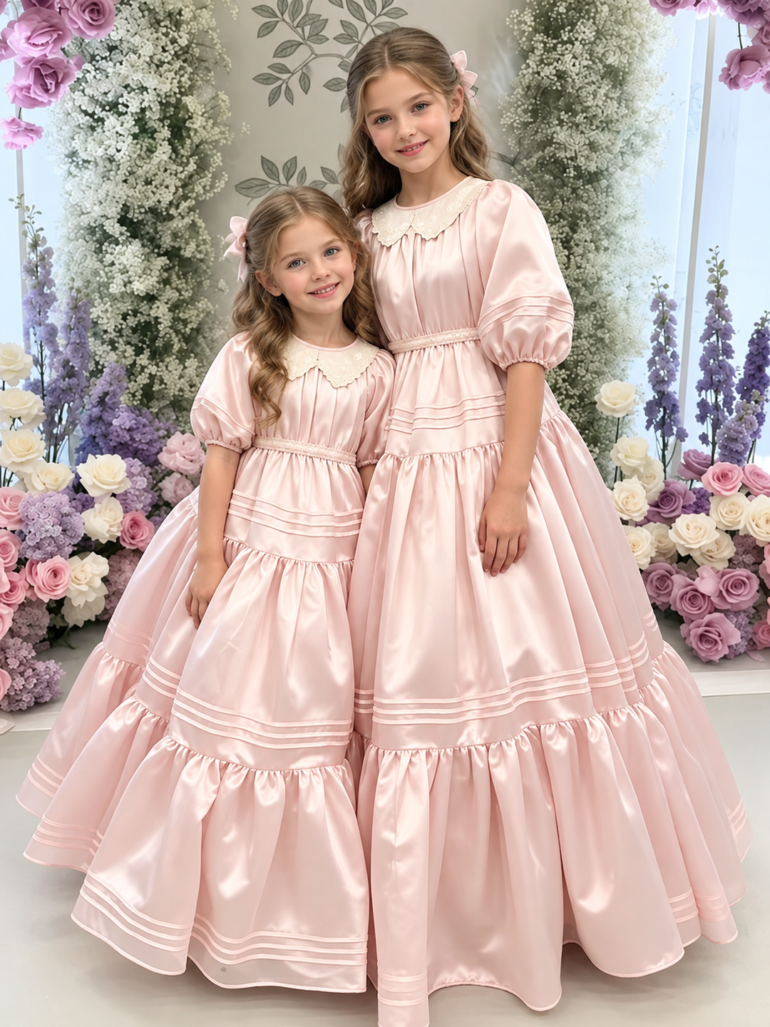 TinyTulle Elegant Blush Pink Satin Tiered Flower Girl Dress with Lace Collar &amp; Puff Sleeves