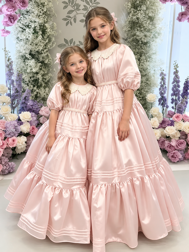 TinyTulle Elegant Blush Pink Satin Tiered Flower Girl Dress with Lace Collar &amp; Puff Sleeves