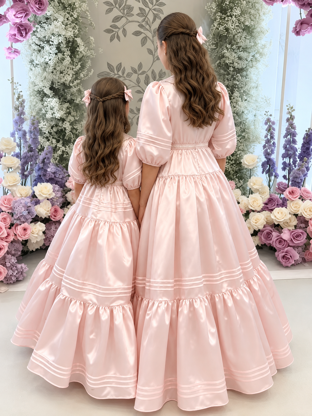 TinyTulle Elegant Blush Pink Satin Tiered Flower Girl Dress with Lace Collar &amp; Puff Sleeves